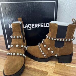 Karl Lagerfeld Brown Suede Ankle Boots with Pearl Detailing